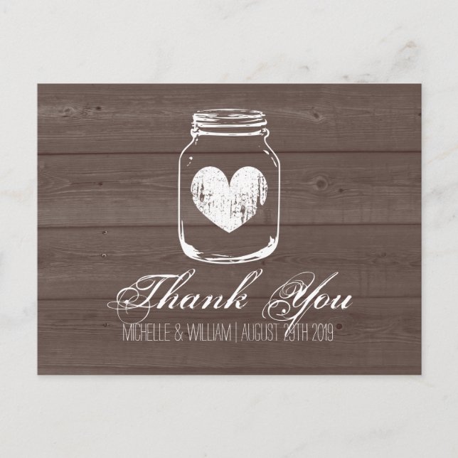 Barn wood country chic mason jar thank you cards (Front)