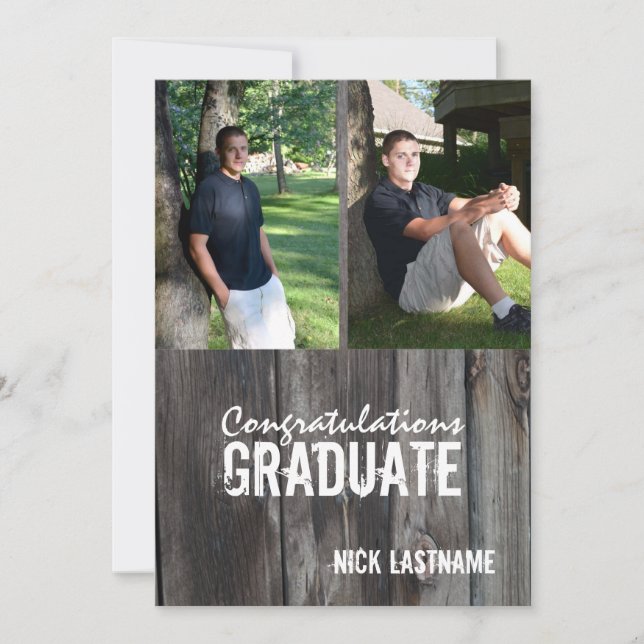 Barn Wood Country Grad Twin Photo Invitation (Front)