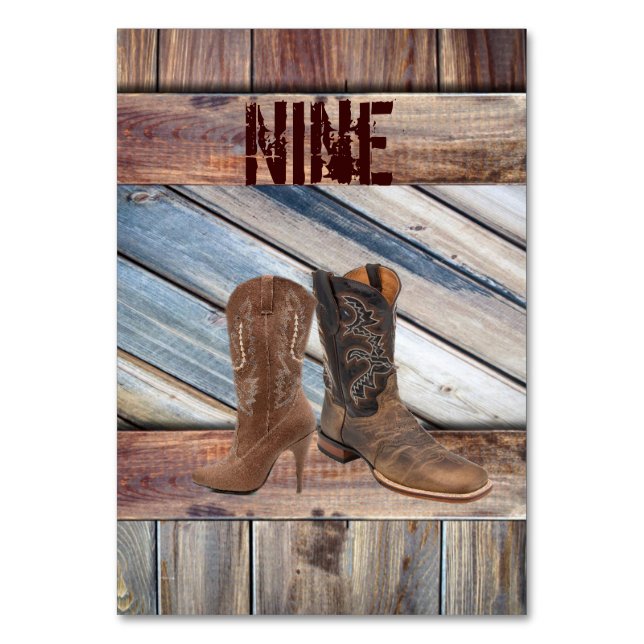 barn wood Cowboy Boots Western country Wedding Table Number (Front)