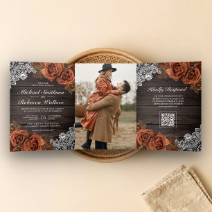 Barn Wood Dusty Terracotta Rose QR Code Wedding Tri-Fold Invitation