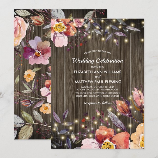 Barn Wood | Fall Flowers | Light Strings Wedding Invitation (Front/Back)