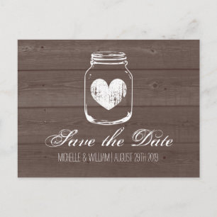 Barn wood grain mason jar save the date cards