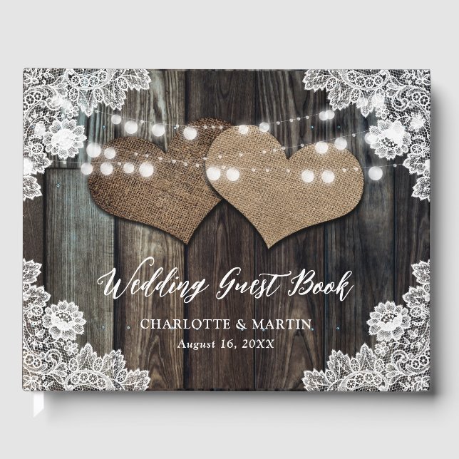 Barn Wood Hearts String Lights Floral Lace Wedding Guest Book (Front)