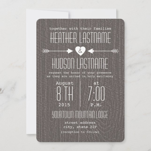 Barn Wood Inspired Arrows + Heart Rustic White Invitation (Front)