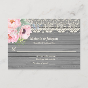 Barn Wood Lace Peonies Anemones Post Wedding RSVP Invitation