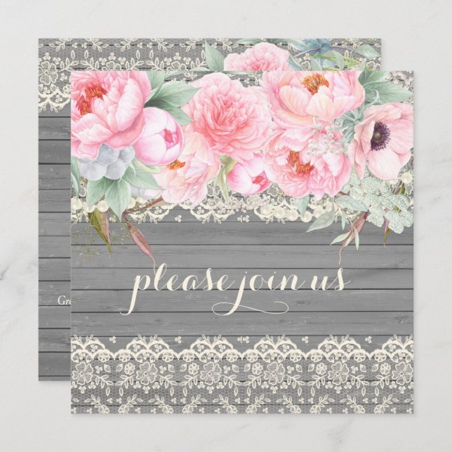 Barn Wood Lace Peonies Anemones Watercolor Invitation (Front/Back)