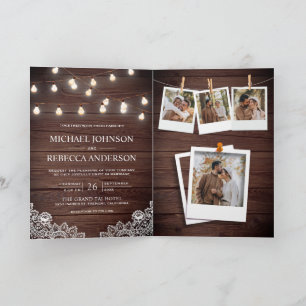 Barn Wood Lace String Lights Photo QR Code Wedding Invitation