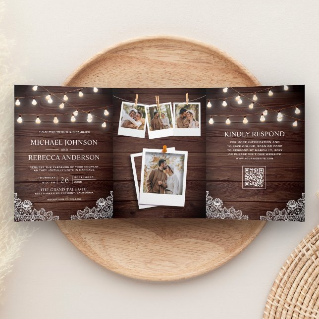 Barn Wood Lace String Lights Photo QR Code Wedding Tri-Fold Invitation (Creator Uploaded)