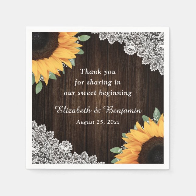 Barn Wood Lace String Lights Sunflower Wedding Napkin (Front)