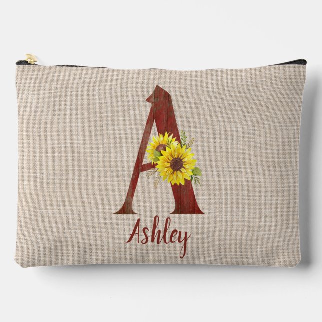 Barn Wood Letter A & Sunflowers Personalised  Accessory Pouch (Front)