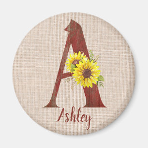 Barn Wood Letter A & Sunflowers Personalised Magnet