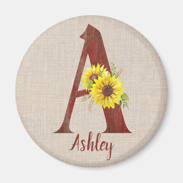 Barn Wood Letter A & Sunflowers Personalised   Magnet (Front)