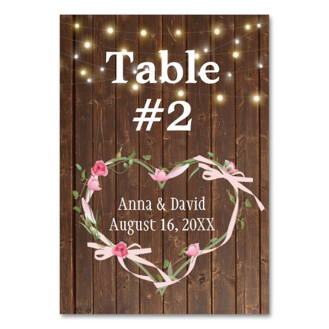 Barn Wood Light String with Heart Ribbon Table Number (Front)