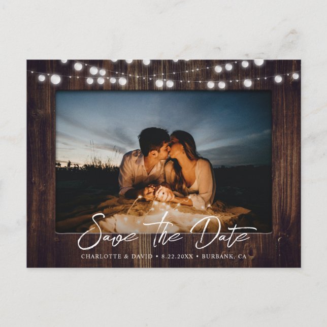 Barn Wood Lights Wedding Photo Save The Date Announcement Postcard (Front)