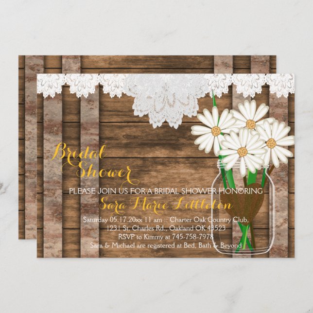 Barn Wood Mason Jar - White Daisies Bridal Shower Invitation (Front/Back)