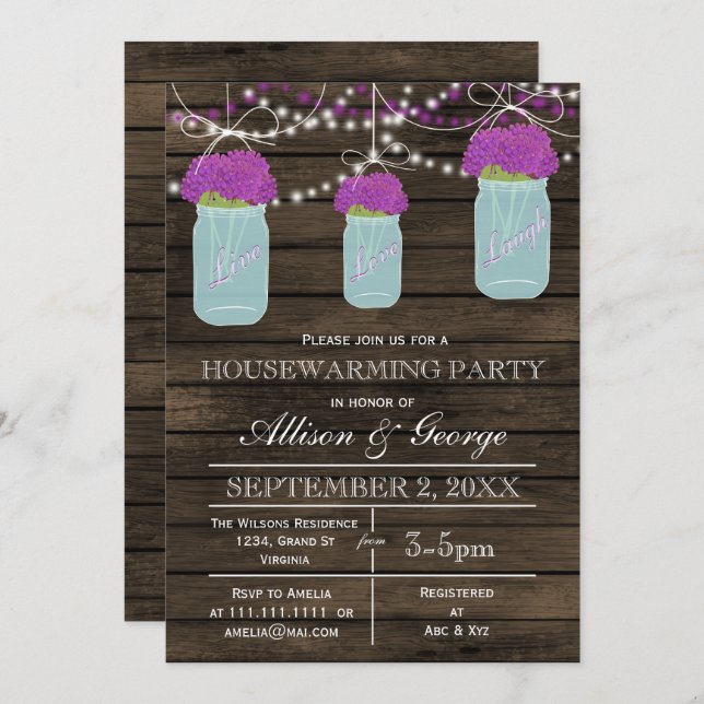Barn wood mason jars rustic housewarming invitation (Front/Back)