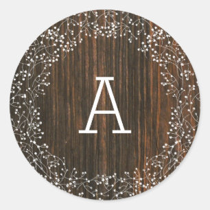Barn Wood Monogrammed Baby's Breath Wedding Classic Round Sticker