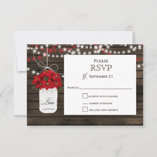 Barn wood poinsettia mason jar rustic wedding rsvp card (Front)