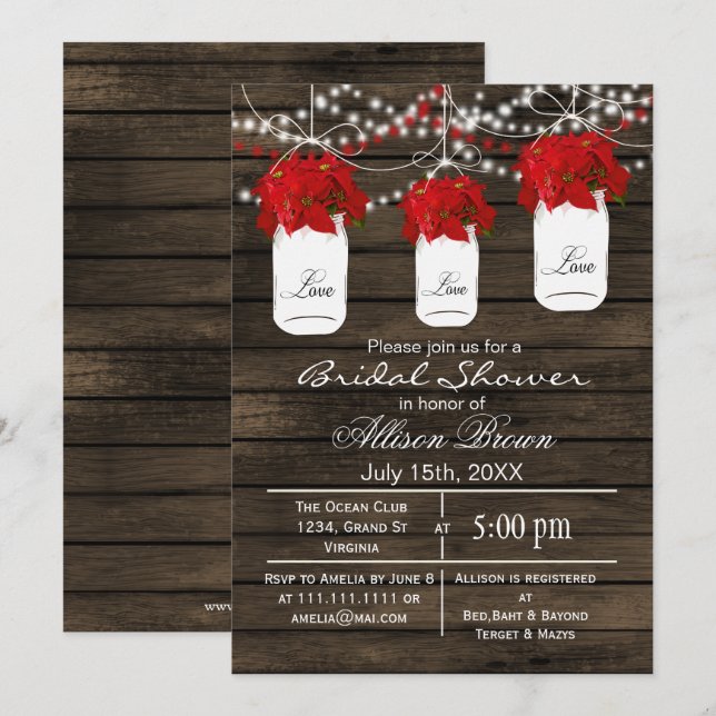 Barn wood poinsettias mason jar bridal shower invitation (Front/Back)