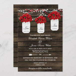 Barn wood poinsettias mason jar rustic wedding invitation