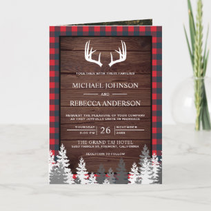 Barn Wood Red Buffalo Plaid Antler QR Code Wedding Invitation