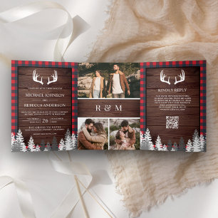 Barn Wood Red Buffalo Plaid Antler QR Code Wedding Tri-Fold Invitation