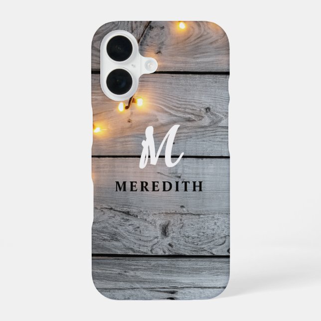 Barn Wood Rustic Elegance String Lights Monogram  iPhone 16 Case (Back)