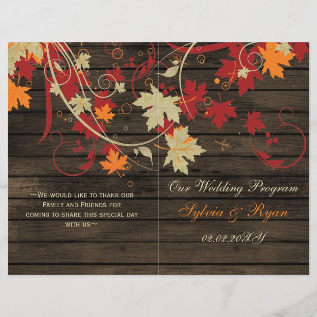 Barn Wood Rustic Fall Leaves Wedding Programs (Front)