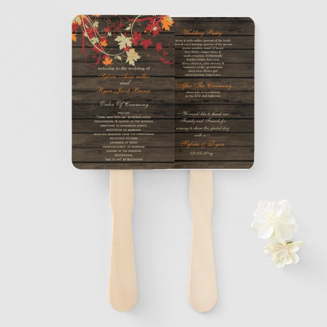 Barn Wood Rustic Fall Leaves Wedding Programs Hand Fan (Front and Back)