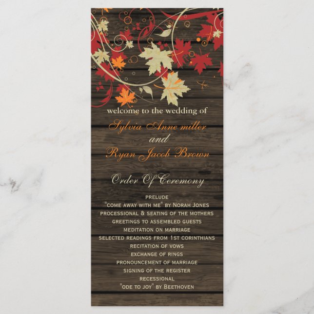 Barn Wood Rustic Fall Leaves Wedding Programs Programme (Front)