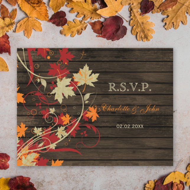 Barn Wood Rustic Fall Leaves Wedding rsvp Invitation Postcard (Creator Uploaded)