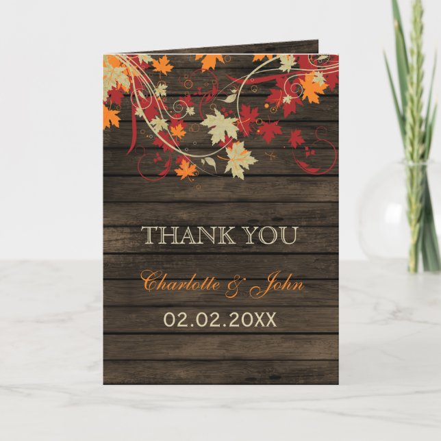 Barn Wood Rustic Fall Leaves Wedding Thank You (Front)