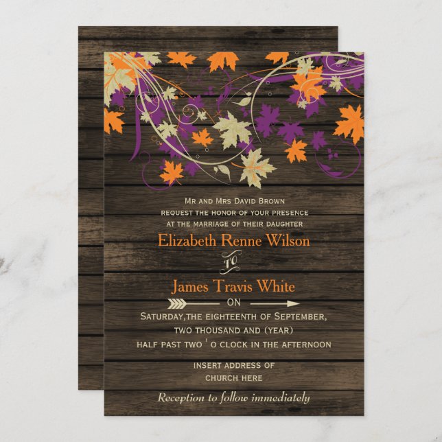 Barn wood Rustic Fall plum leaves wedding Invitation (Front/Back)