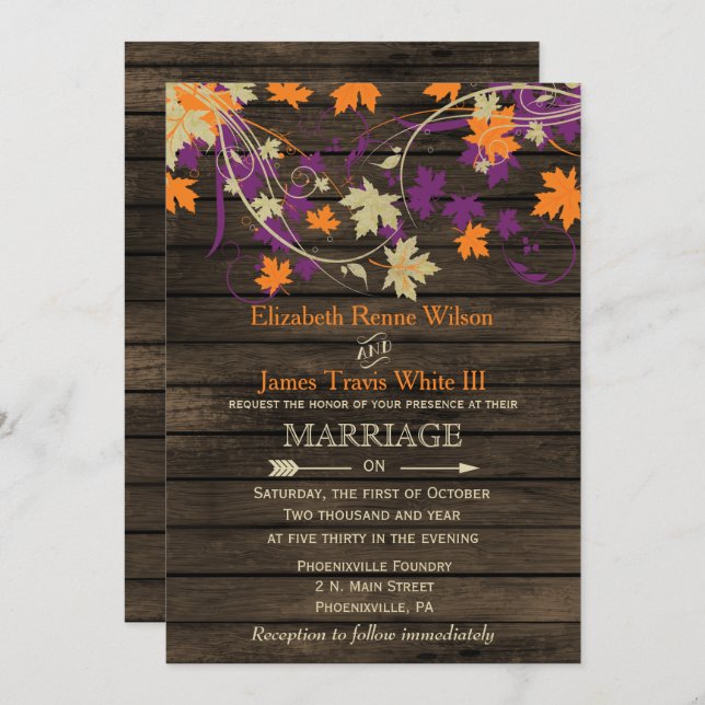 Barn wood, Rustic Fall Plum leaves wedding Invitation (Front/Back)