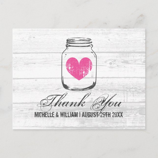 Barn wood rustic mason jar wedding thank you cards (Front)
