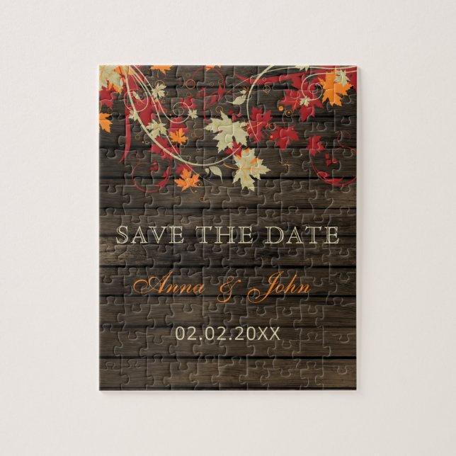 Barn Wood Rustic Orange Fall Leaves Save The Date Jigsaw Puzzle (Vertical)