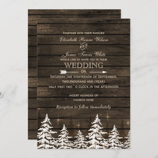 Barn wood Rustic Pine trees winter wedding Invitation (Front/Back)