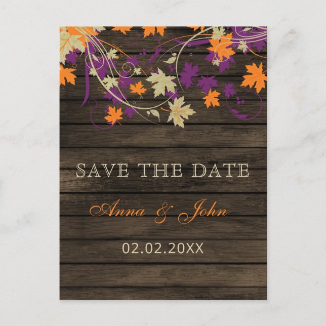 Barn Wood Rustic Plum Fall Leaves Save The Date Announcement Postcard (Front)