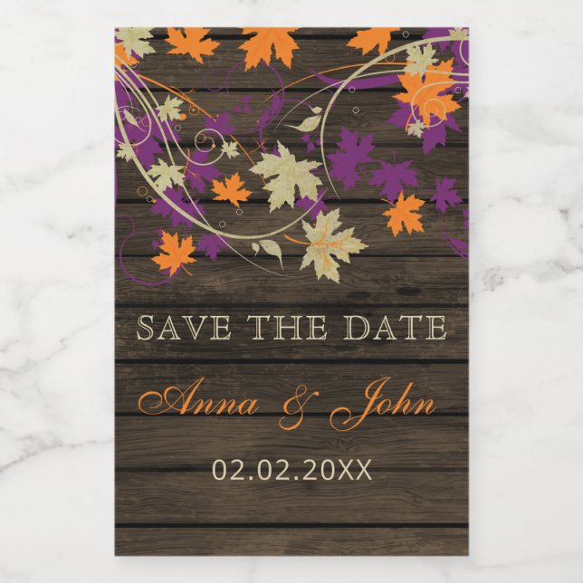 Barn Wood Rustic Plum Fall Leaves Save The Date Food Label (Single Label)