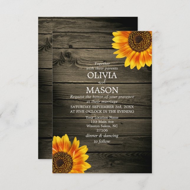 Barn Wood + Rustic Sunflower Wedding Invitation (Front/Back)