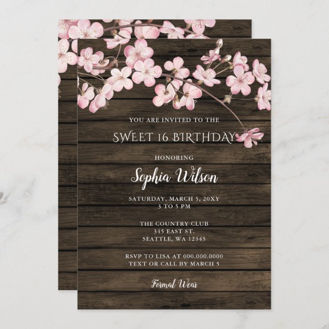 Barn Wood Sakura Pink Cherry Blossoms sweet 16 Invitation (Front/Back)