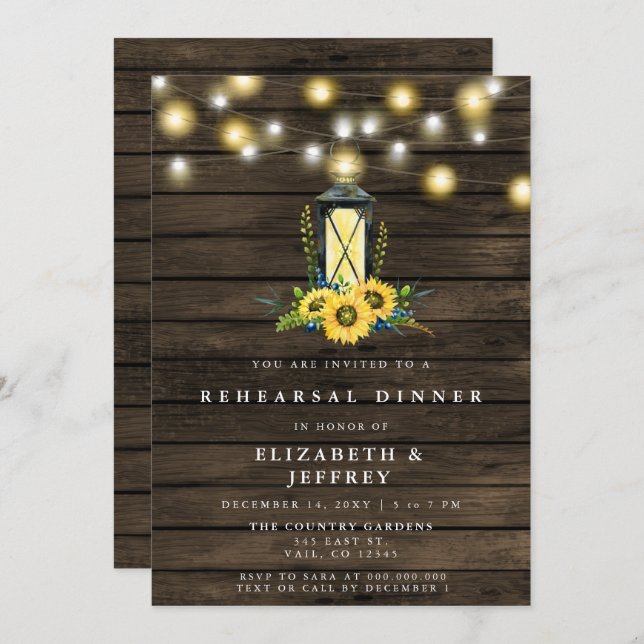 Barn Wood String Light Sunflowers Rehearsal Dinner Invitation (Front/Back)
