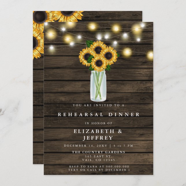 Barn Wood String Light Sunflowers Rehearsal Dinner Invitation (Front/Back)