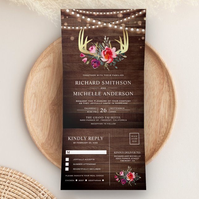 Barn Wood String Lights Floral Gold Antler Wedding Tri-Fold Invitation (Creator Uploaded)