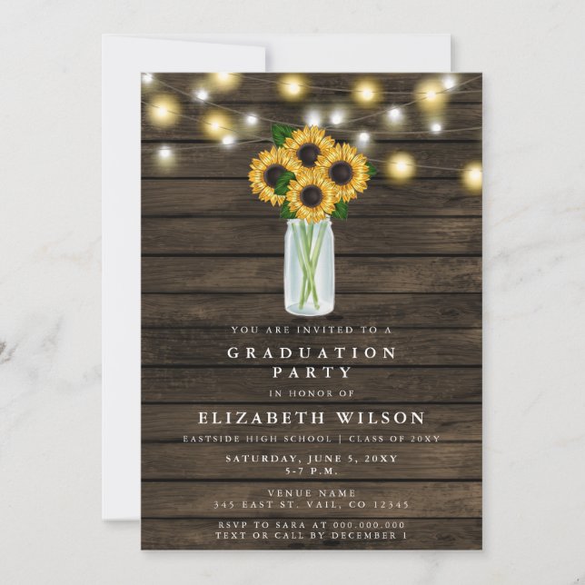 Barn Wood String Lights Sunflower Graduation Invitation (Front)