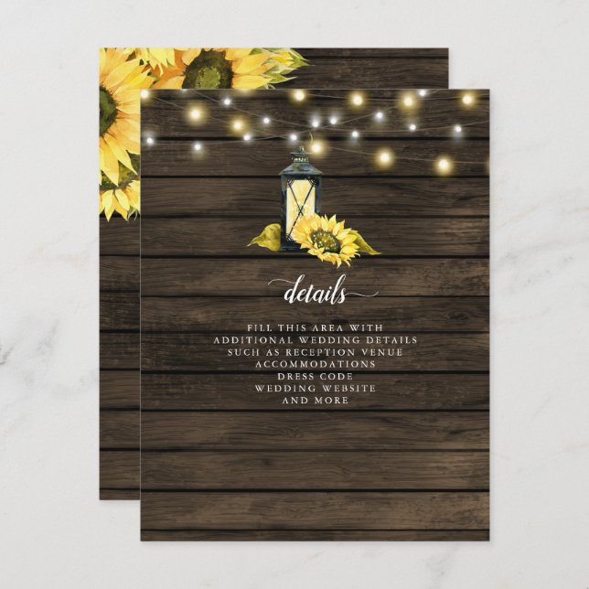 Barn Wood String Lights Sunflowers Lantern Wedding Enclosure Card (Front/Back)