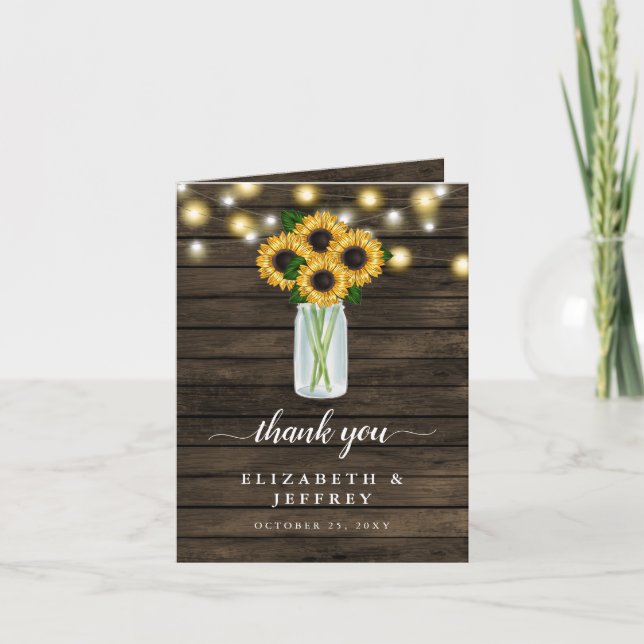 Barn Wood String Lights Sunflowers Thank You Card (Front)