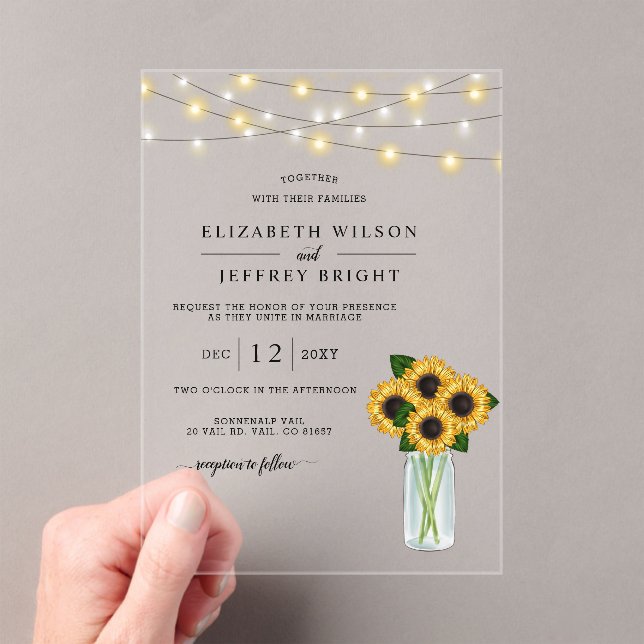 Barn Wood String Lights Sunflowers Wedding Acrylic Invitations (Insitu (Handheld))
