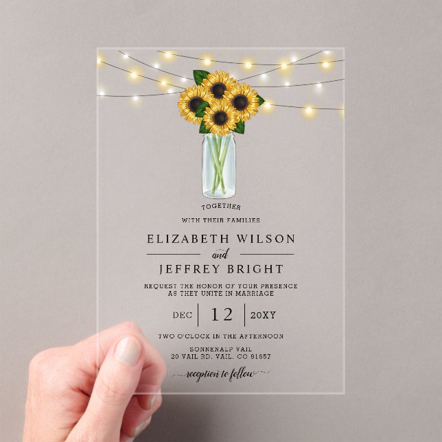 Barn Wood String Lights Sunflowers Wedding  Acrylic Invitations (Insitu (Handheld))