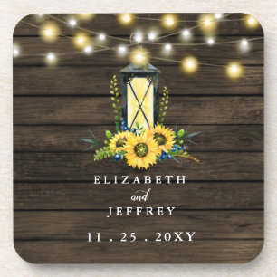 Barn Wood String Lights Sunflowers Wedding   Coaster
